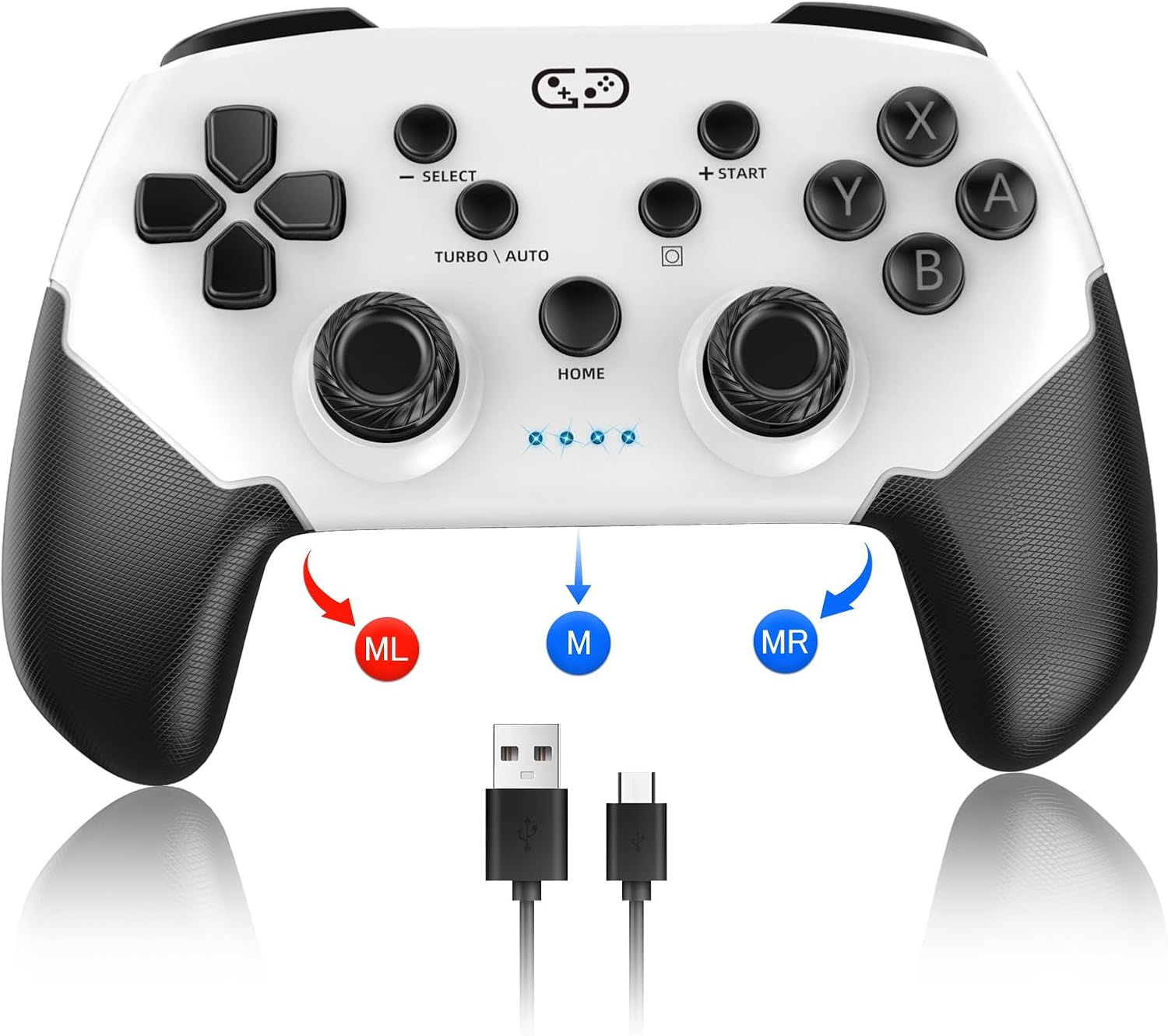 Switchコントローラー プロコン 背面ボタン・マクロ編集機能搭載 ワイヤレス Bluetooth5.0 6軸ジャイロ センサー スリープ解除対応（ホワイト＋ブラック）