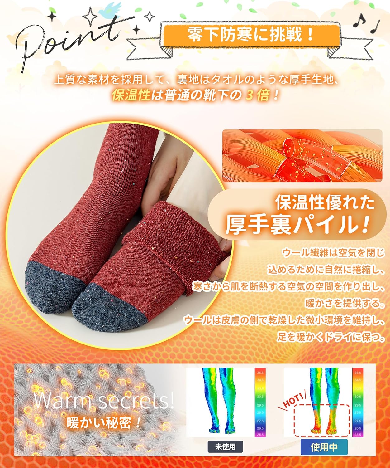 冬用レディースウール靴下 三重保温・高め履き口 22-25.5cm