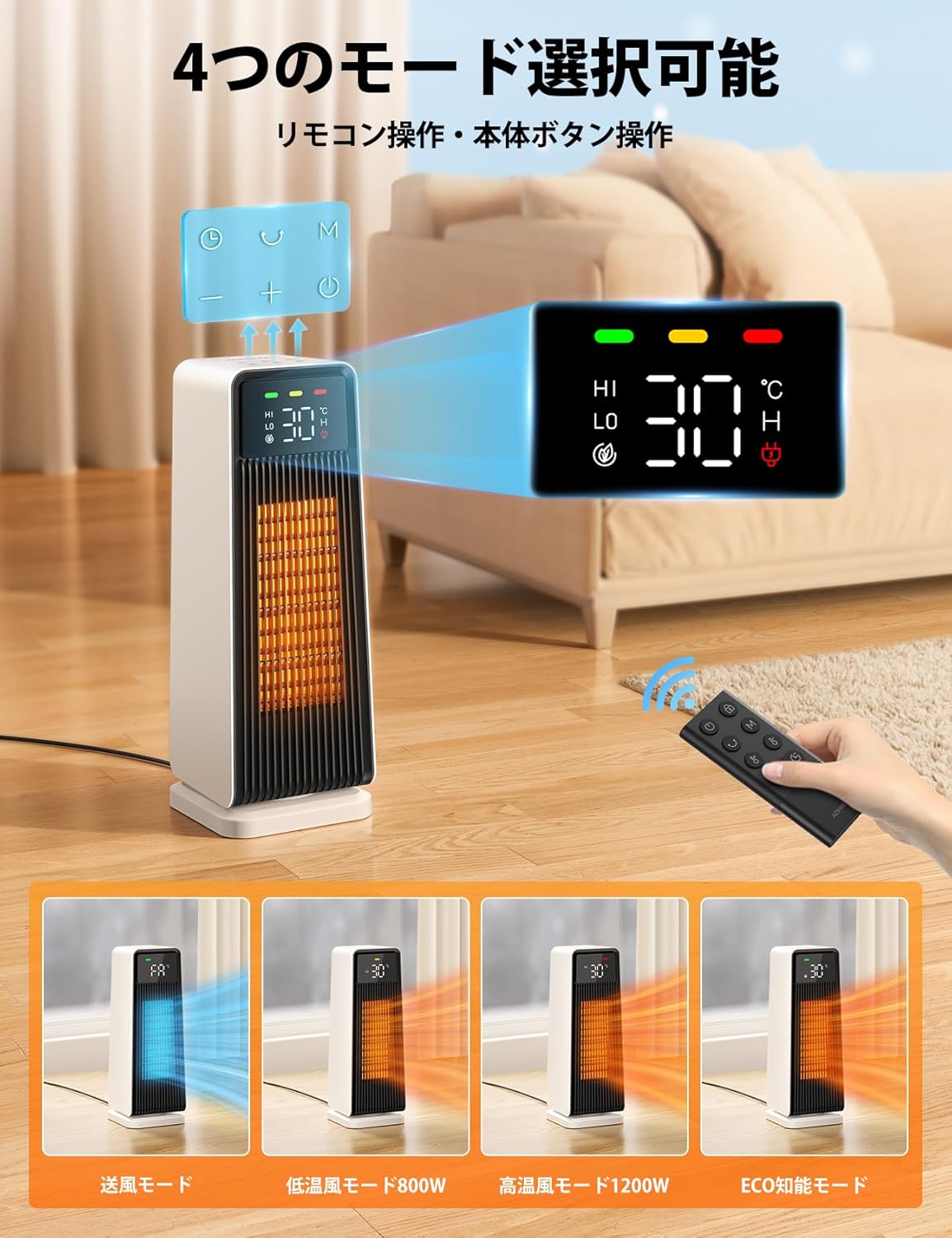 【省エネ・静音】Aomiker セラミックヒーター 小型 1200W/800W リモコン付 3段階温度調整 自動首振り 転倒オフ機能 2024年モデル