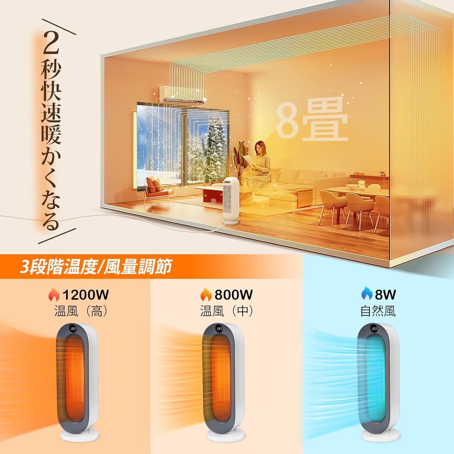 【2023年版】省エネセラミックヒーター ECO知能モード 暖房器具 速暖タワータイプ【8畳用】
