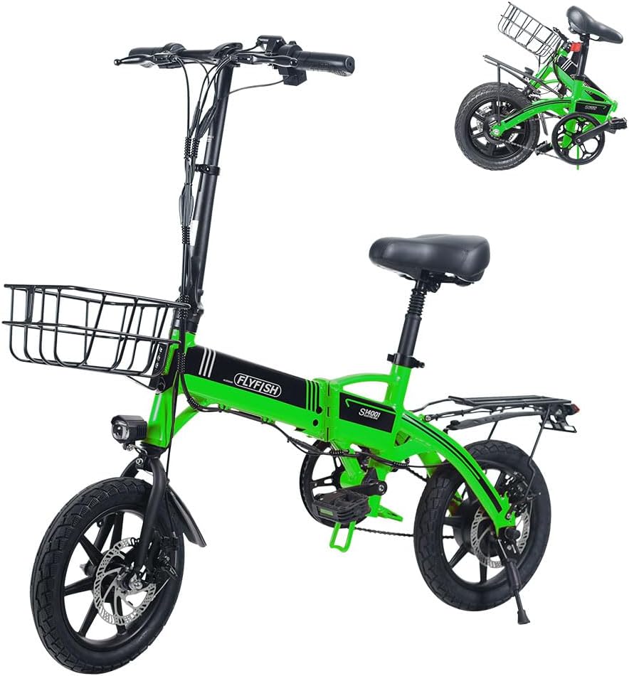 免許不要の公道走行可能 E-Bike 折り畳み式 250Wモーター 14インチ 極太タイヤ 街乗り用 カゴ付き