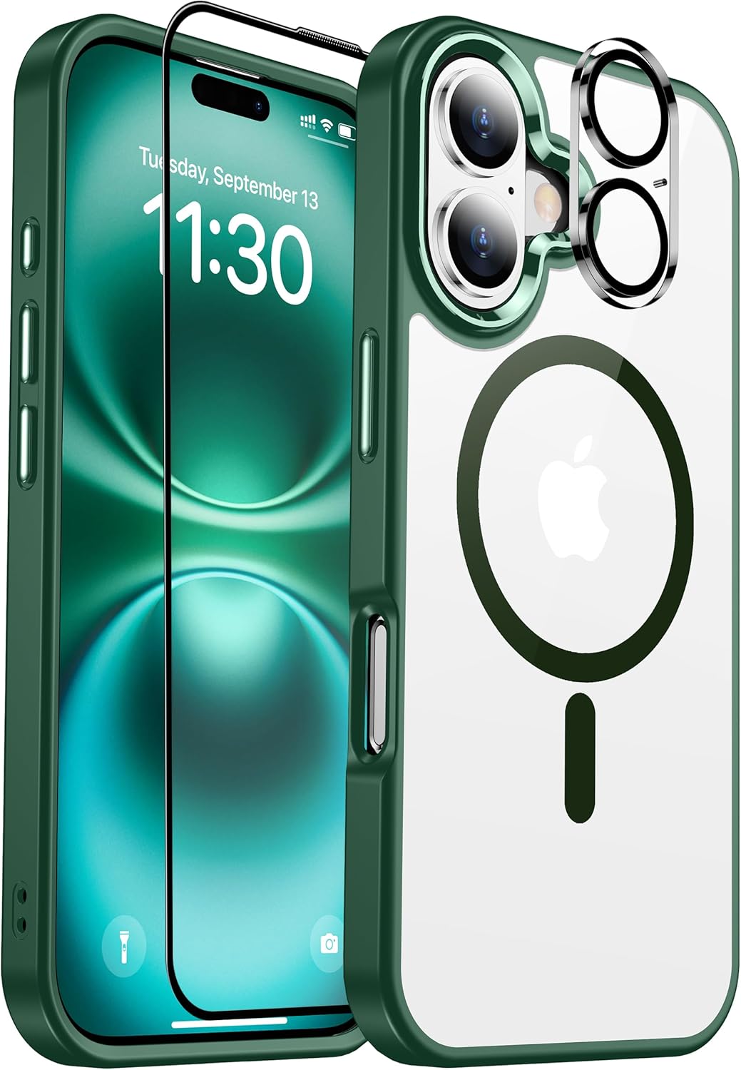 iPhone 16用 磁力強化耐衝撃ケース ワイヤレス充電対応 グリーン