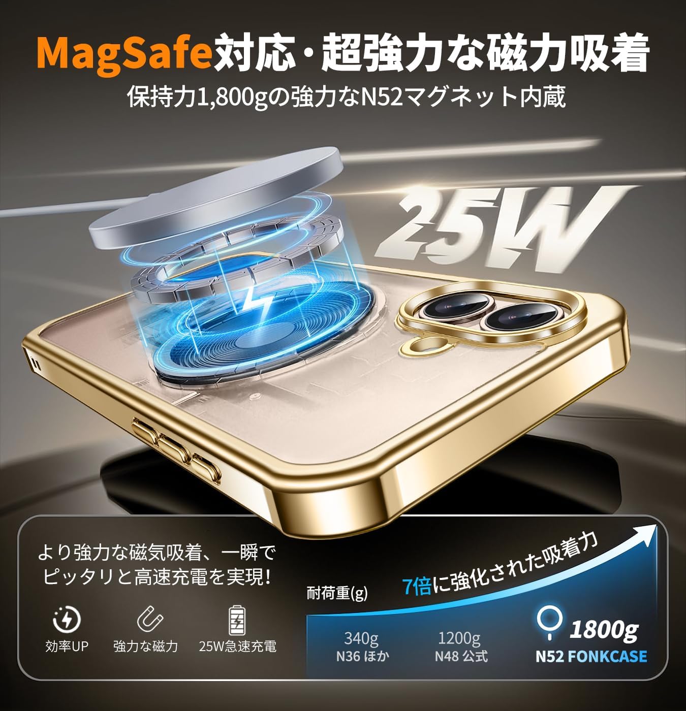 iPhone16用 MagSafe対応耐衝撃全面保護ケース ストラップホール付き クリア ゴールド