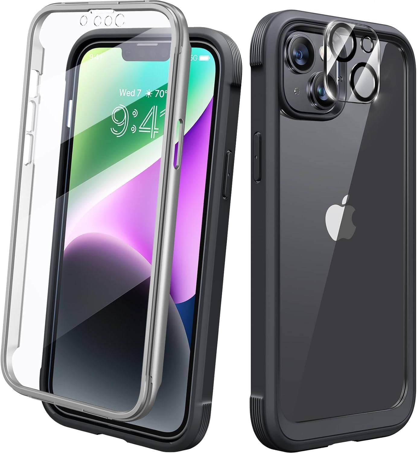 iPhone14用全面保護バンパーケース（6.1インチ）クリアPC+TPU、画面保護フィルム付き、黒