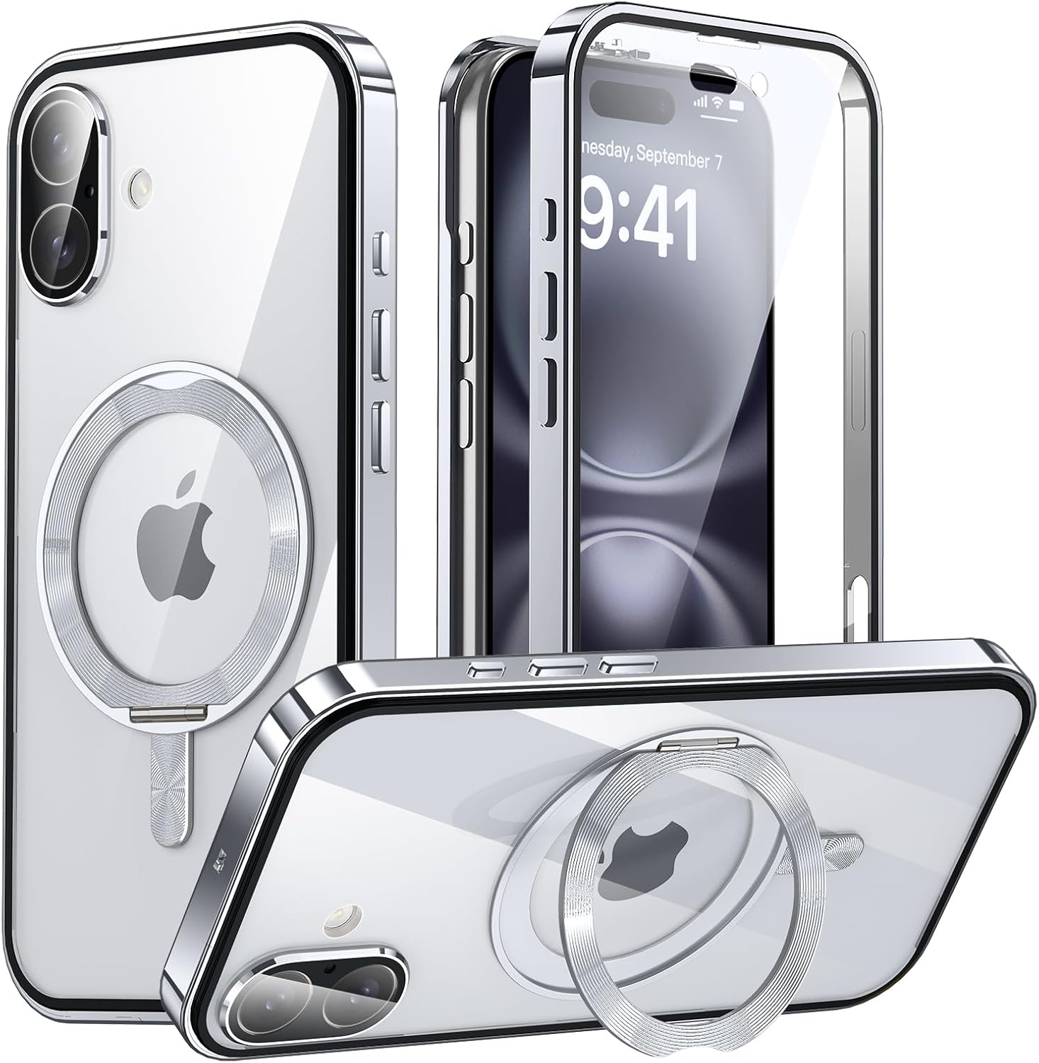 iPhone 16用 MagSafe対応アルミバンパーケース360°回転スタンド付き・シルバー
