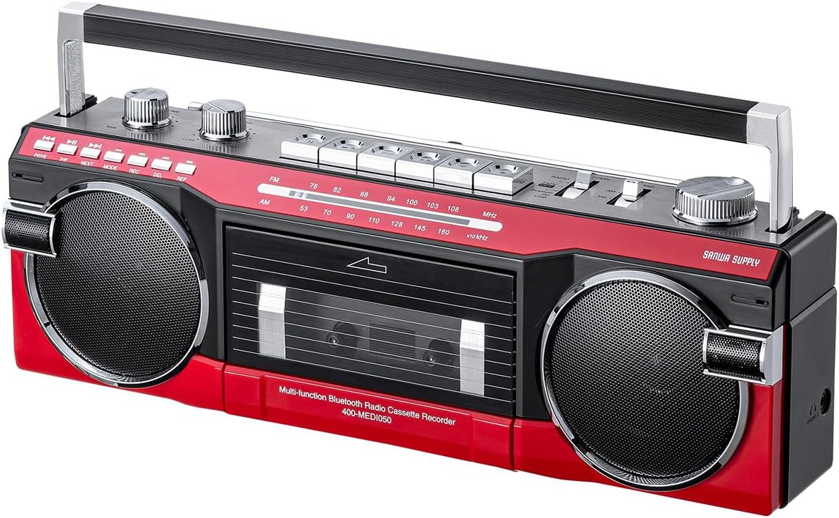 Bluetooth搭載ラジカセ MP3変換 録音機能付き カセットテーププレーヤー レッド 400-MEDI050R