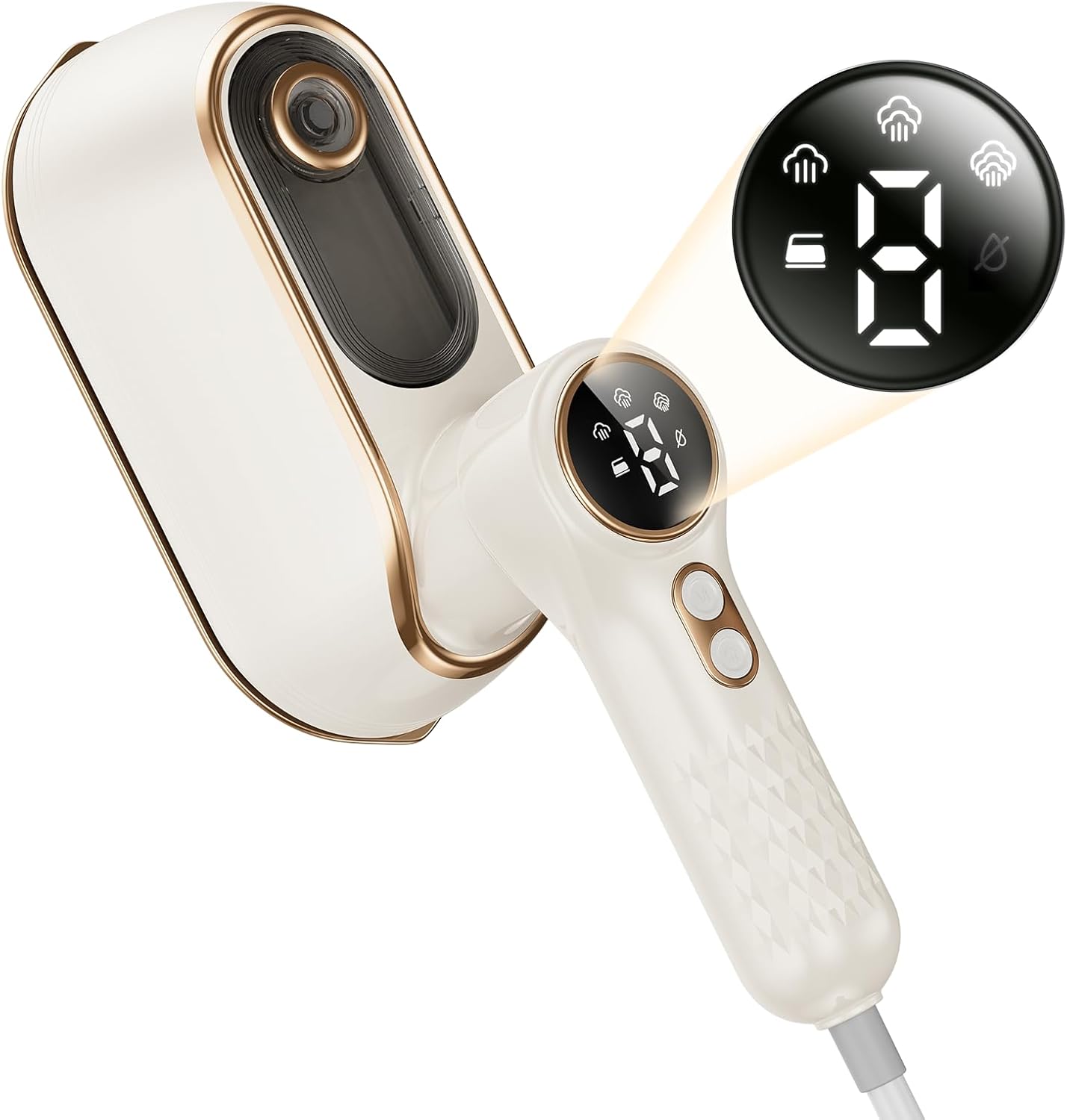 携帯用スチームアイロン 150℃高温 折りたたみ式 3段階スチーム調節 LEDディスプレイ【ホワイト】