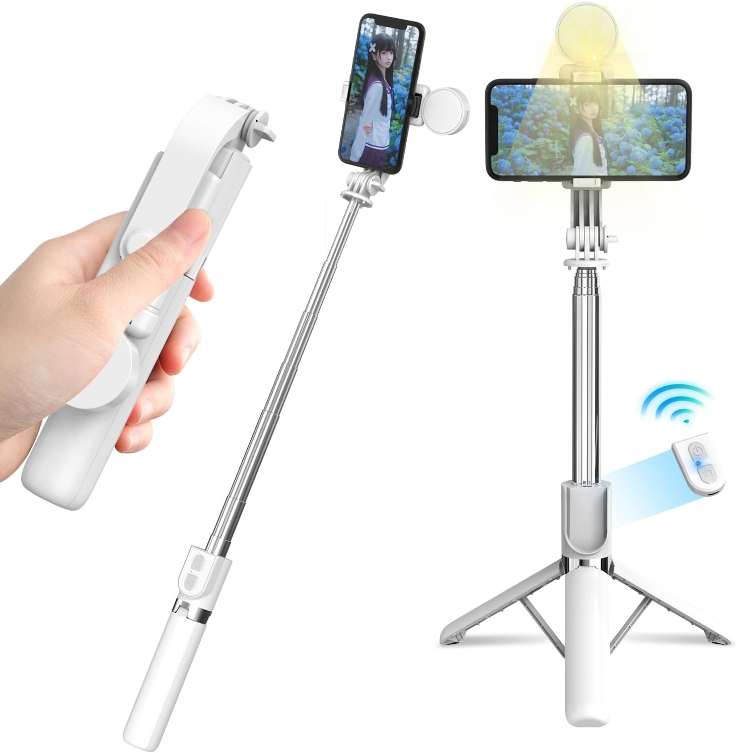 最新モデル 自撮り棒 三脚 ライト付き 120cm Bluetooth リモコン 日本語説明書付き ホワイト