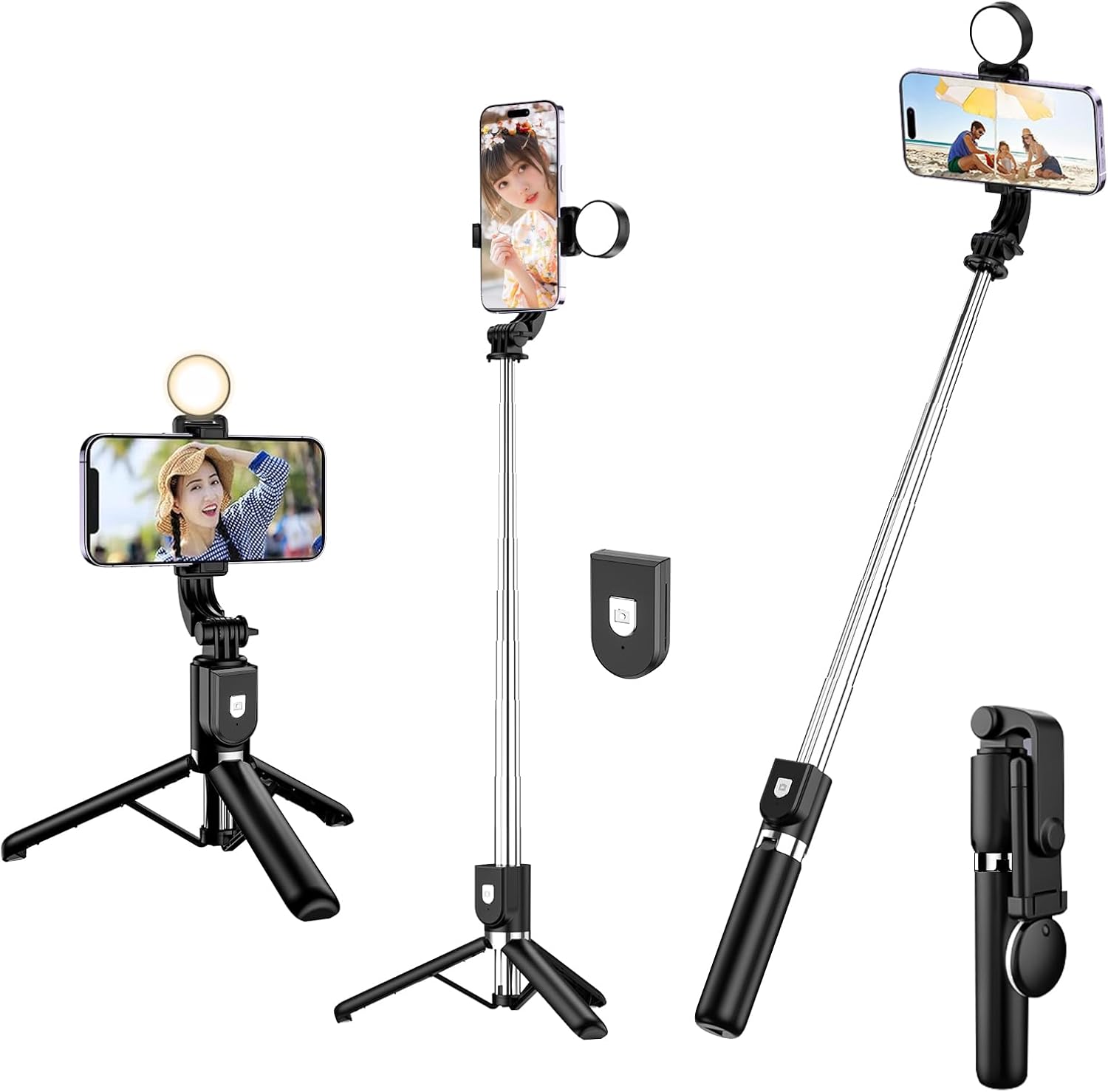 軽量自撮り棒 三脚 スマホスタンド 110cm 360°回転 無線リモコン付き 折りたたみ アルミ製 ブラック