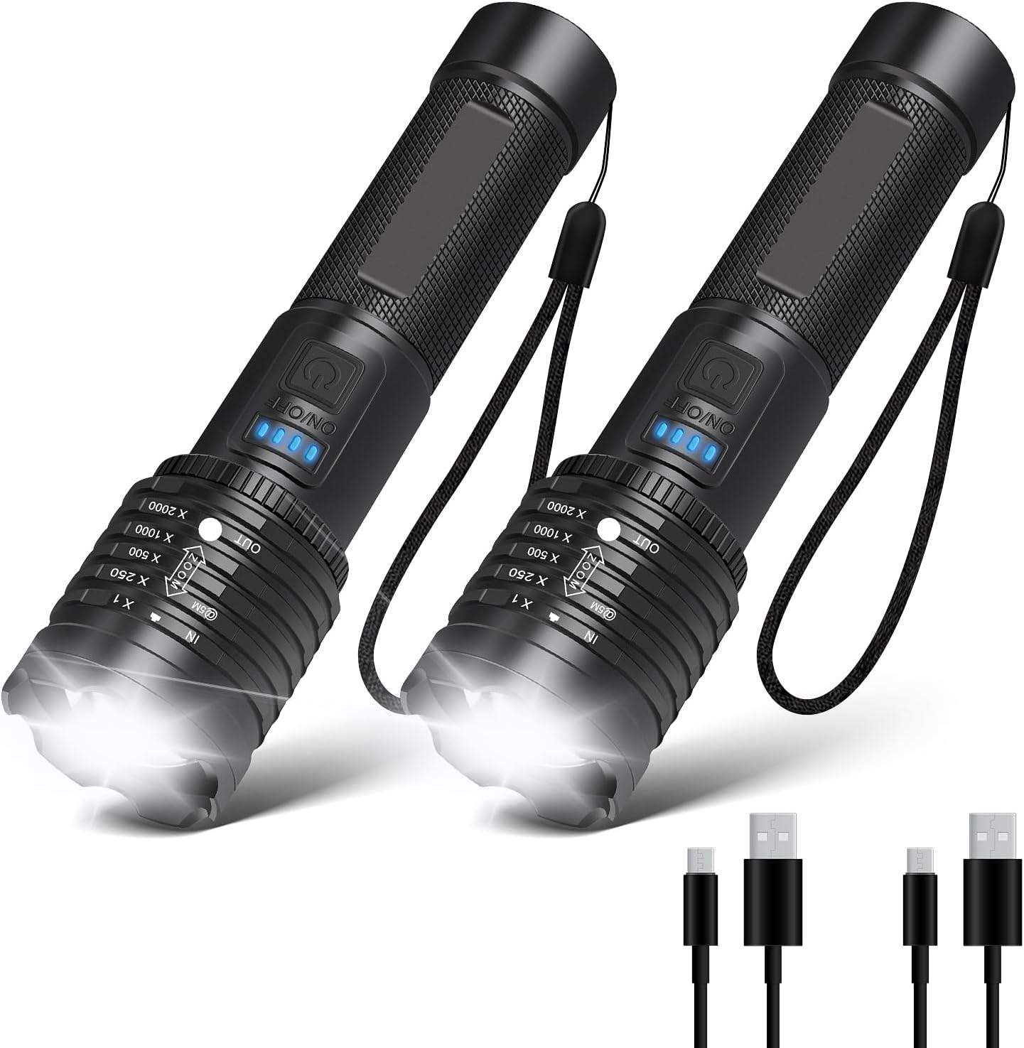 強力なLEDタクティカル懐中電灯 20000ルーメン 充電式 IP45防水 ズーム機能 2個パック