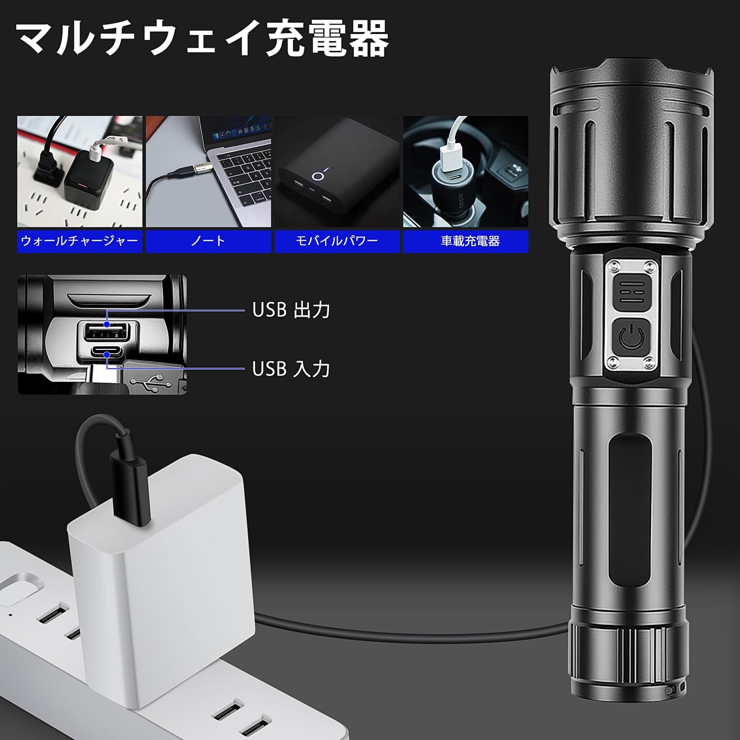 超強力LED懐中電灯 Type-C USB充電式 IPX6防水仕様 200000ルーメン 6モード ズーム機能 アウトドア用