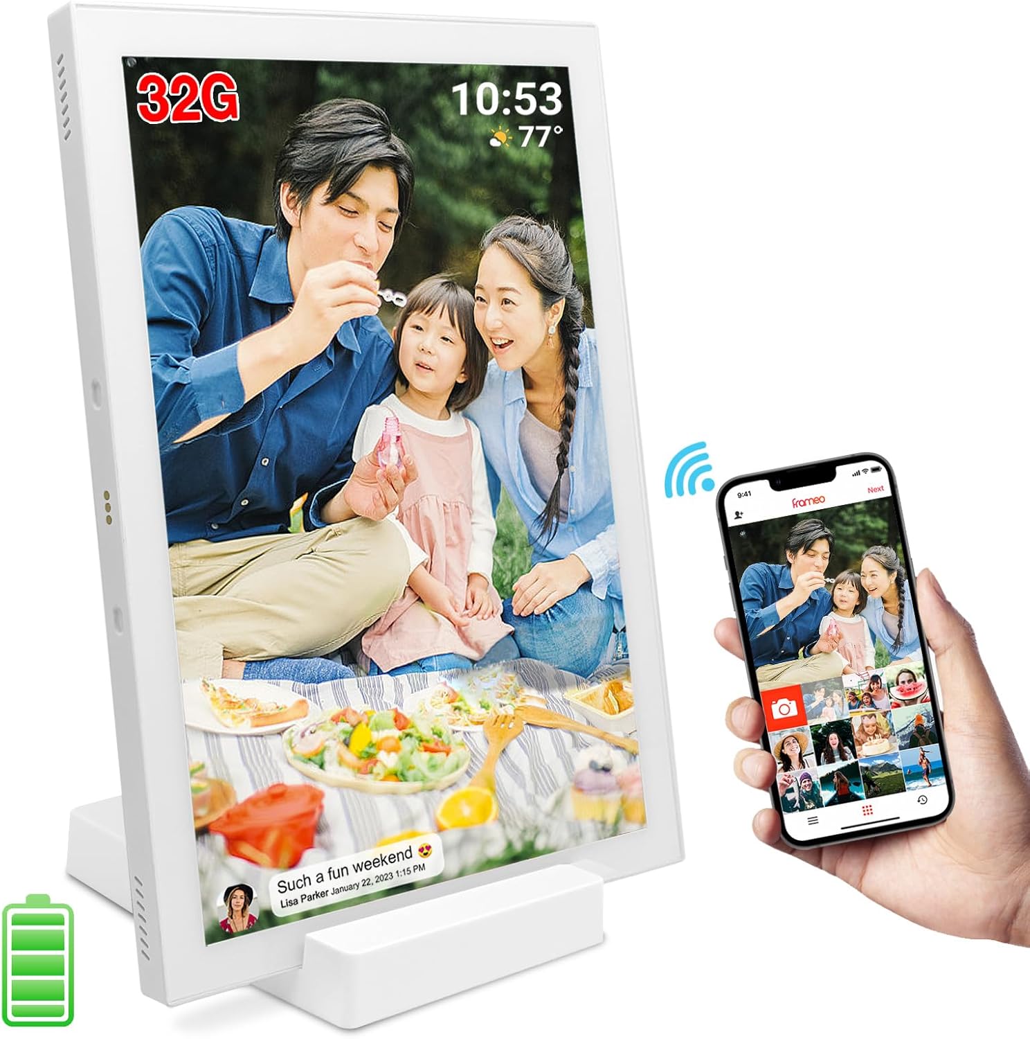 WiFiデジタルフォトフレーム 10.1インチ、内蔵バッテリー・32GBストレージ、タッチスクリーン