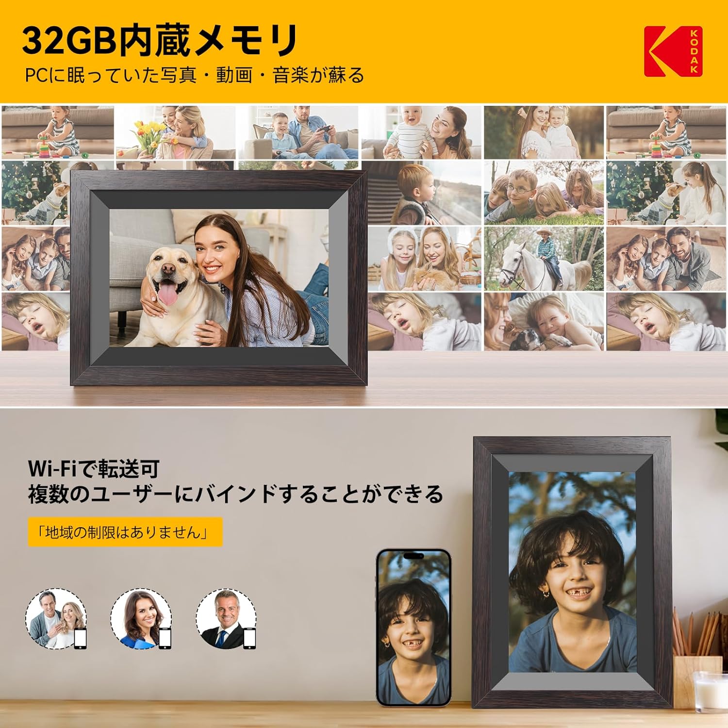 母の日・父の日ギフト KODAK 10インチ木製デジタルフォトフレーム Wi-Fi対応 タッチスクリーン