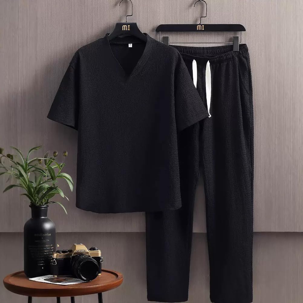 メンズ夏用無地半袖Tシャツ＆ハーフパンツセットアップ（大きいサイズ対応）