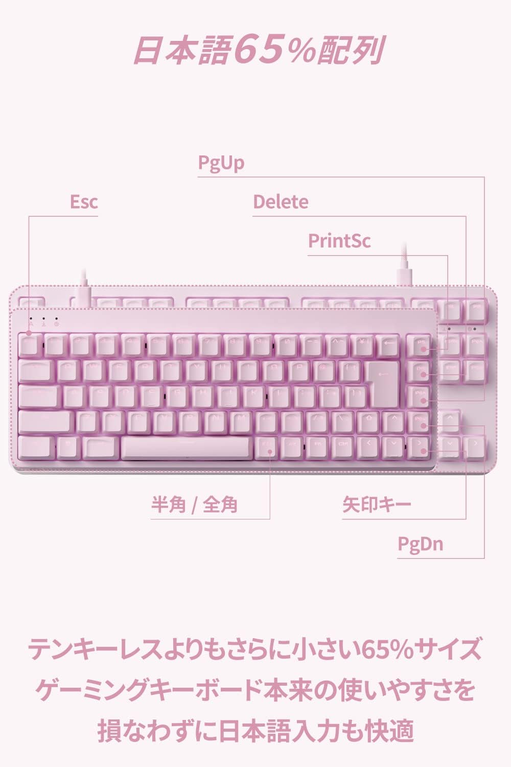 有線テンキーレスRGBメカニカルゲームキーボード（65%サイズ・銀軸・ピンク）