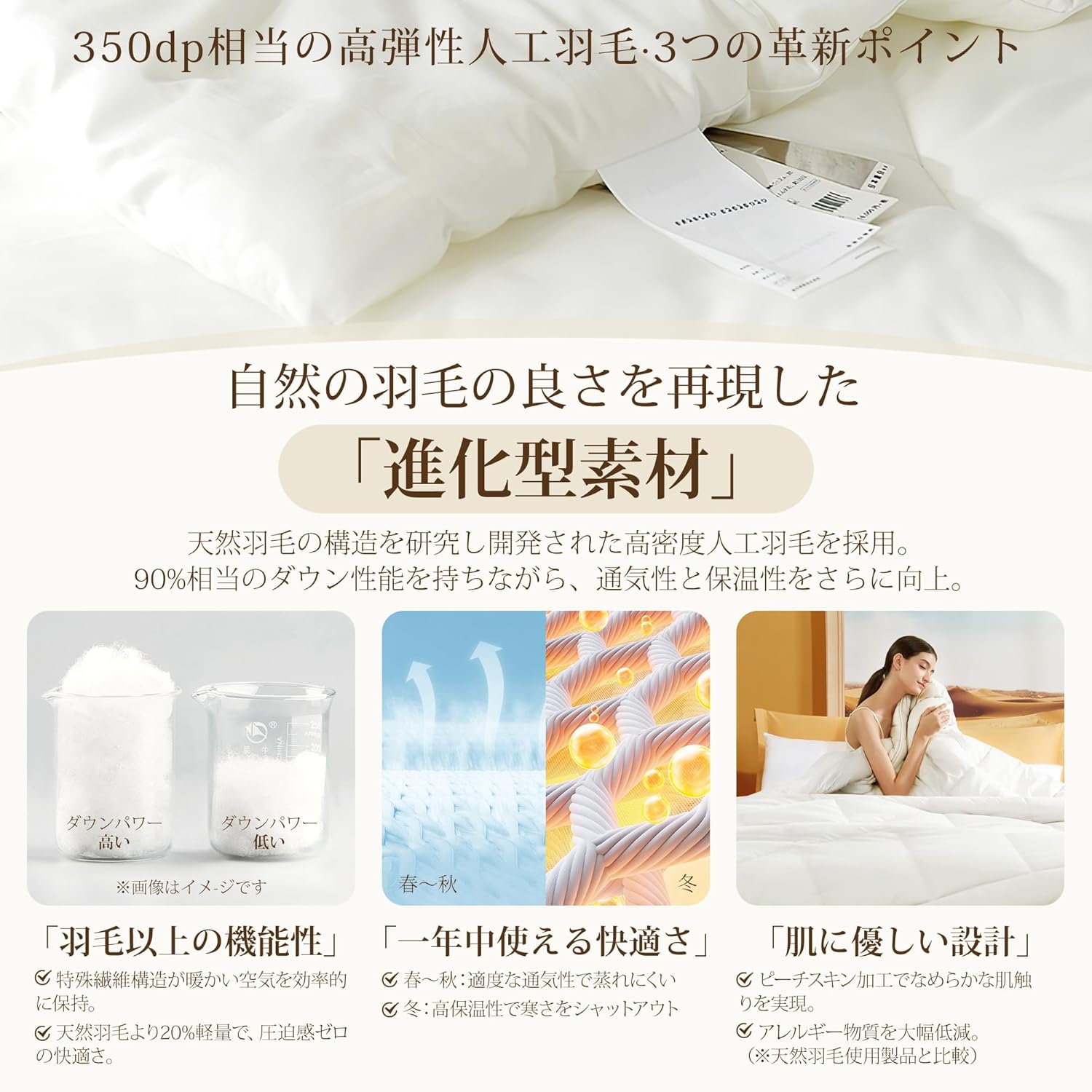 春夏向け軽量ダックダウン相当セミダブル掛け布団【抗菌防臭・防ダニ】170×210cm ホワイト