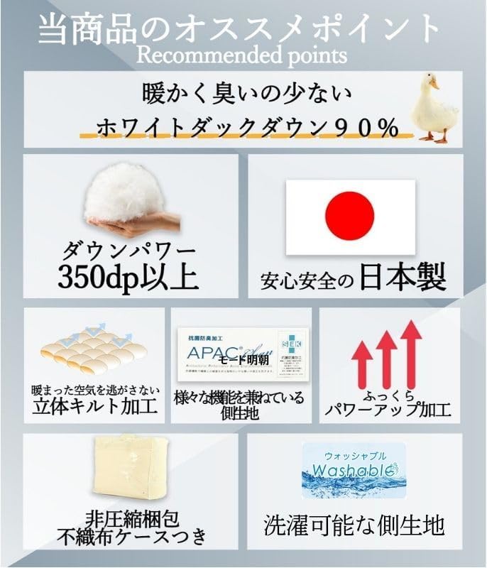 日本製羽毛掛け布団 シングルロング ホワイトダックダウン90% 20マス立体キルト 消臭抗菌 3年保証 かさ高145mm以上