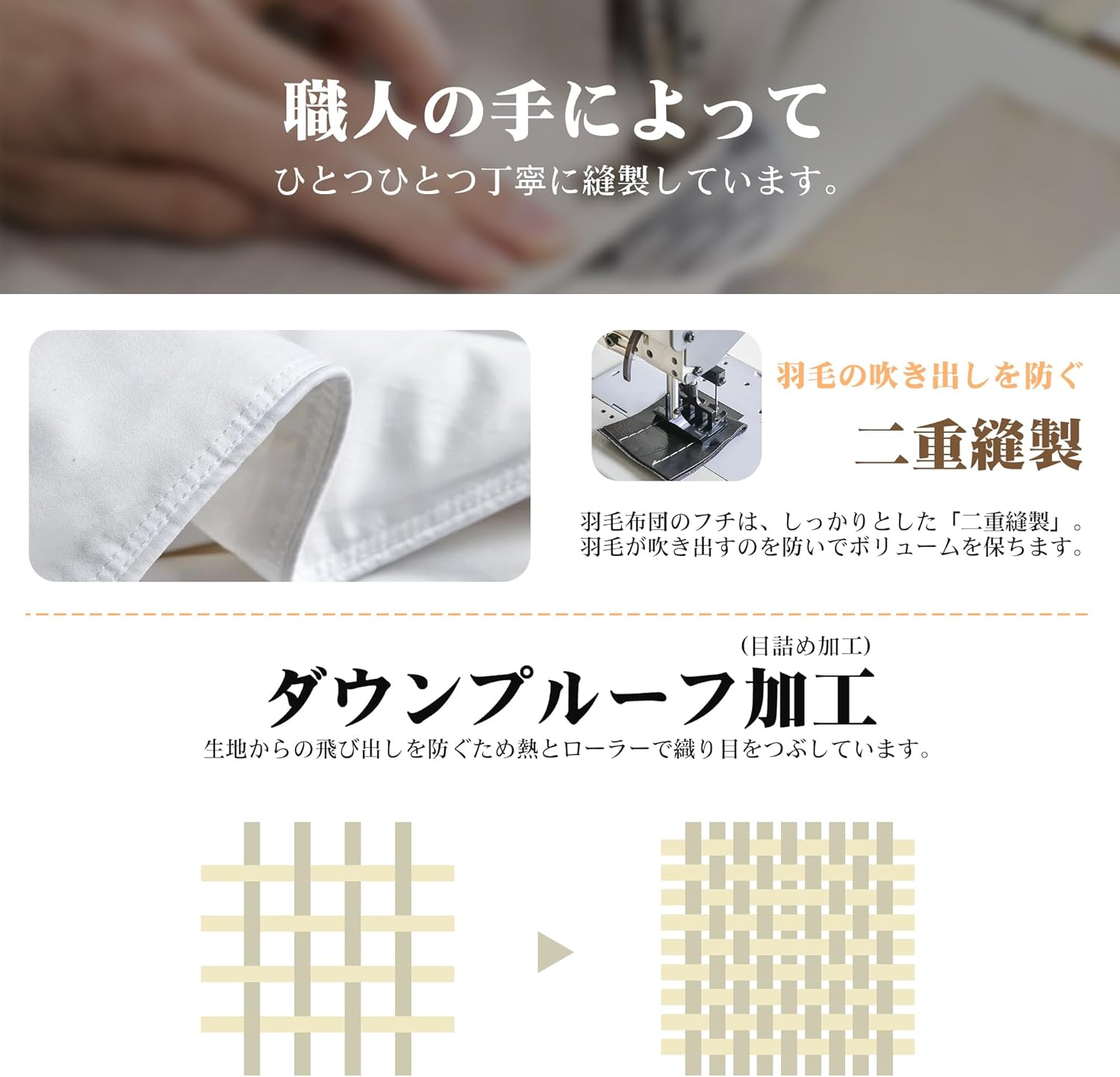春秋用ダブル羽毛掛け布団（抗菌防臭加工・軽量・ダックダウン85%・洗える）サイズ：190×210cm