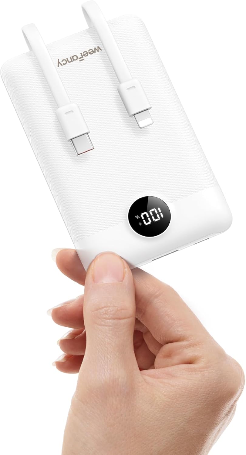 モバイルバッテリー 10000mAh ケーブル内蔵 急速充電 コンパクト 軽量 168g PSE認証 ホワイト