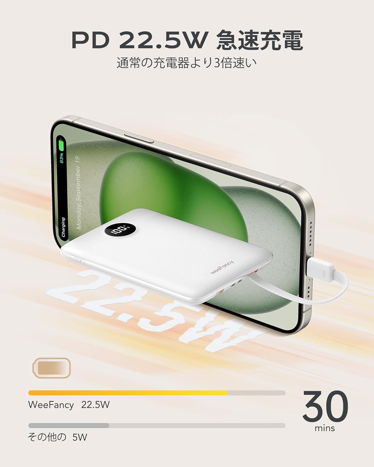 モバイルバッテリー 10000mAh ケーブル内蔵 急速充電 コンパクト 軽量 168g PSE認証 ホワイト