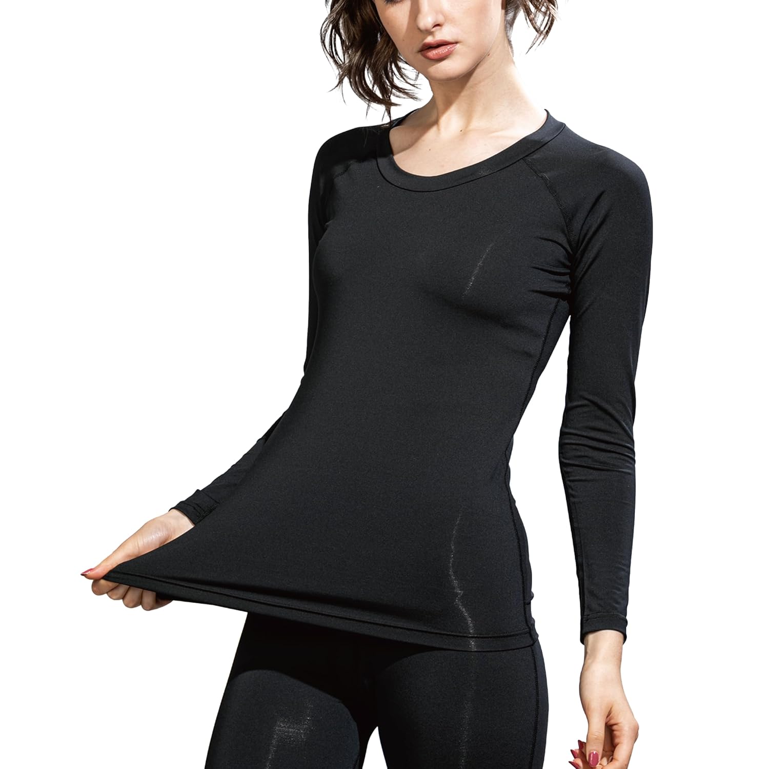 夏用インナー レディース 長袖 丸首 コンプレッション接触冷感 ブラック S