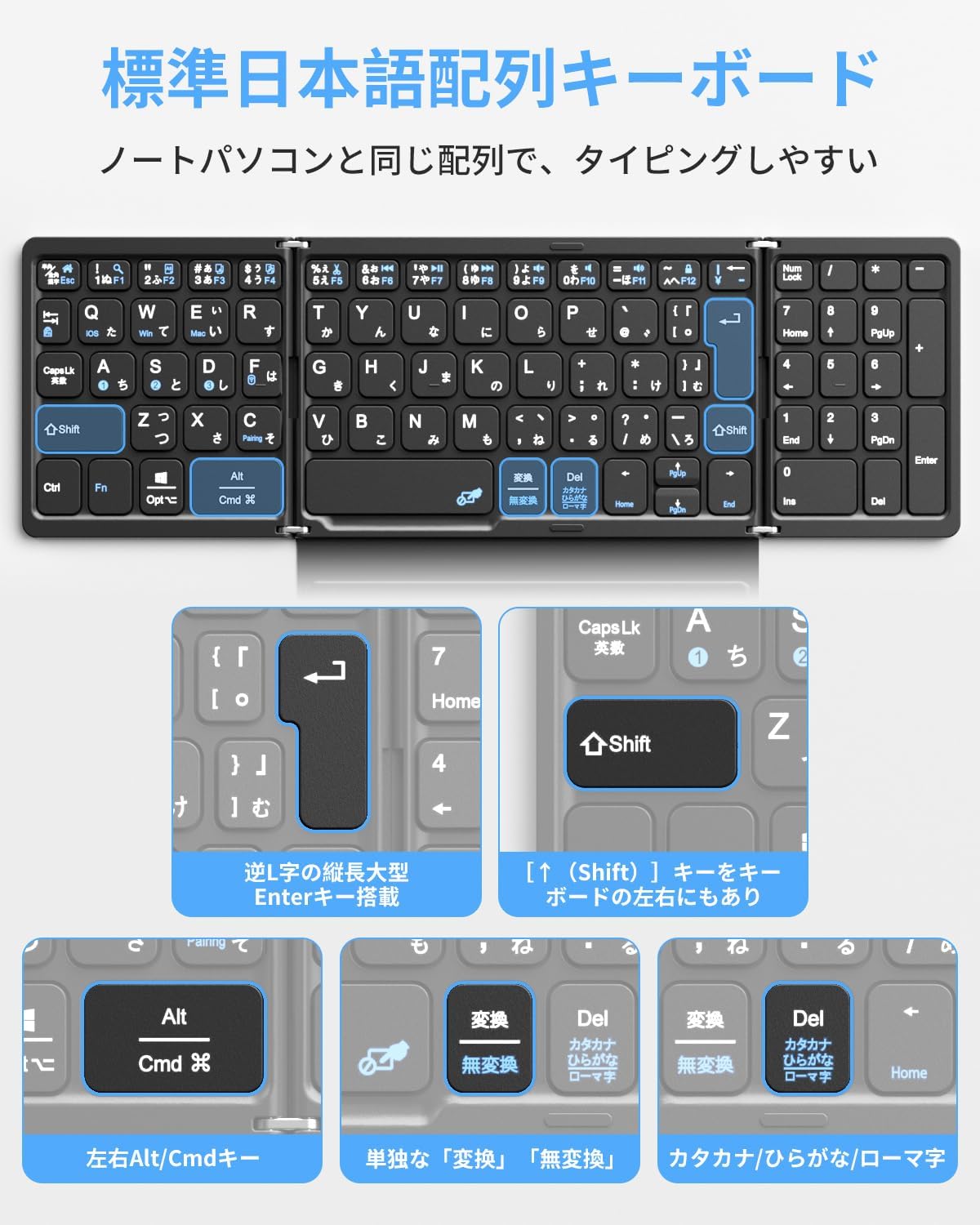 Bluetooth・2.4GHz無線折り畳み式キーボード JIS配列・大型タッチパッド・テンキー搭載 (iOS/Windows/Mac対応)