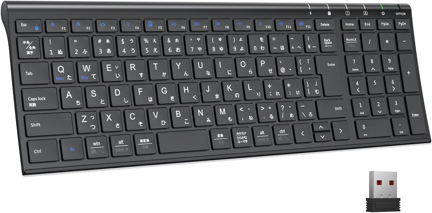 iClever ワイヤレスキーボード 2.4GHz 日本語JIS配列 薄型 コンパクト 静音 軽量 パソコン用 ブラック