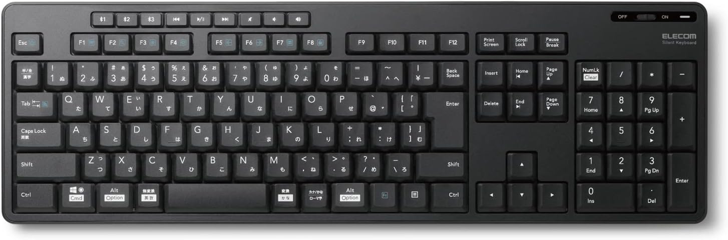 Bluetoothワイヤレスキーボード 静音 抗菌 テンキー付き 最大3台マルチペアリング対応 ブラック