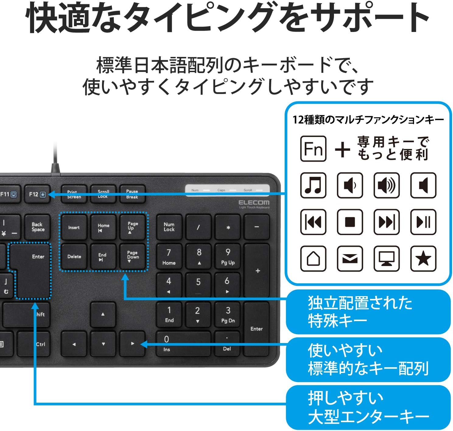 抗菌薄型フルサイズ有線キーボード（テンキー付き・ブラック）