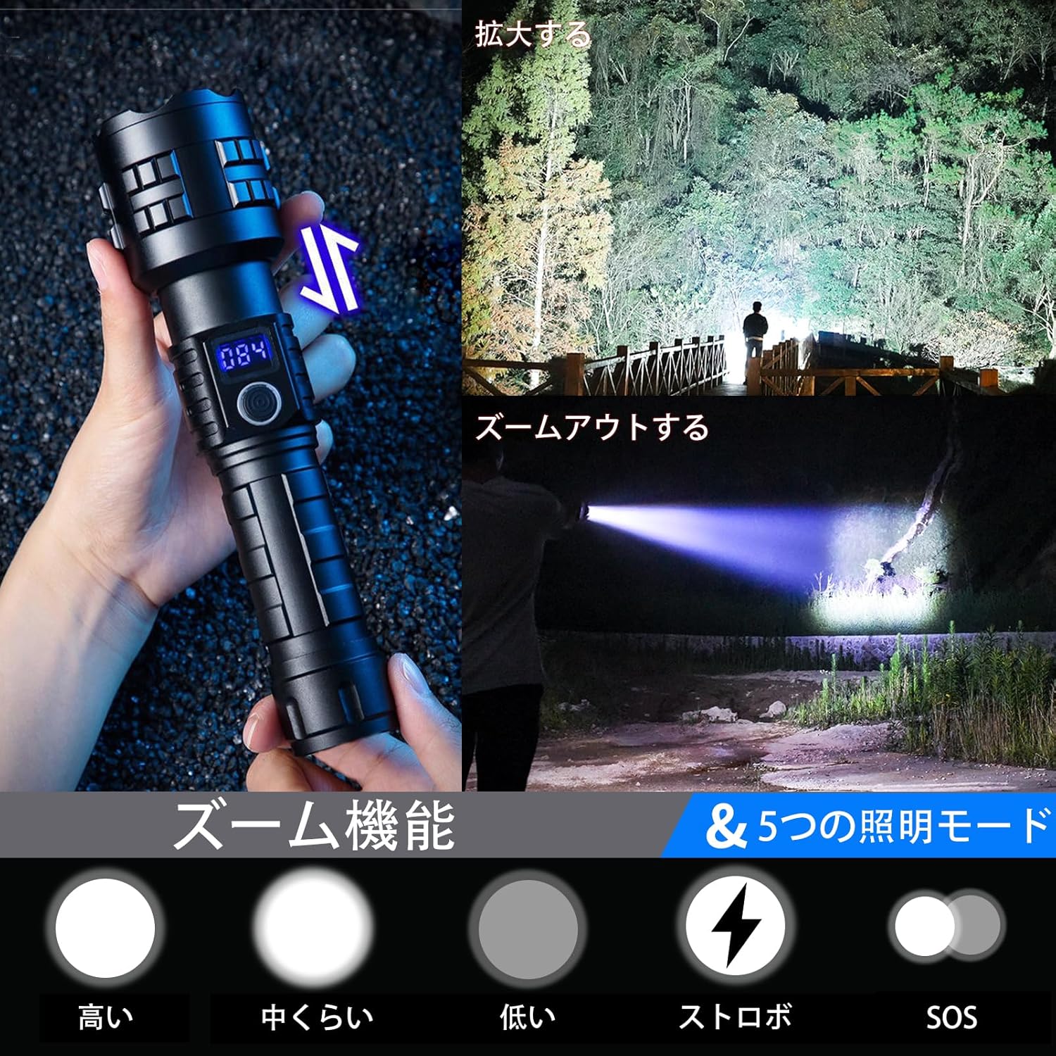 強力な50000ルーメン充電式LED懐中電灯 XHP99 IP67防水 ハンディライト 5モード ズーム調整可能