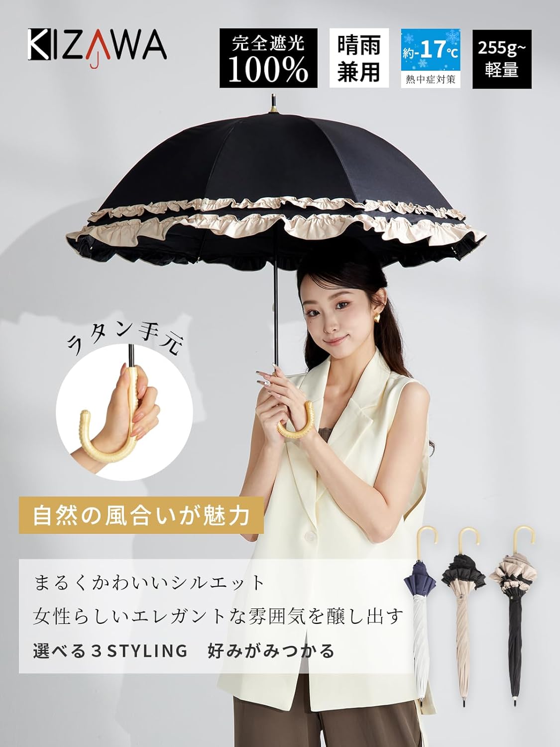 母の日プレゼント レディース UVカット 完全遮光 日傘 軽量 フリル 50cm