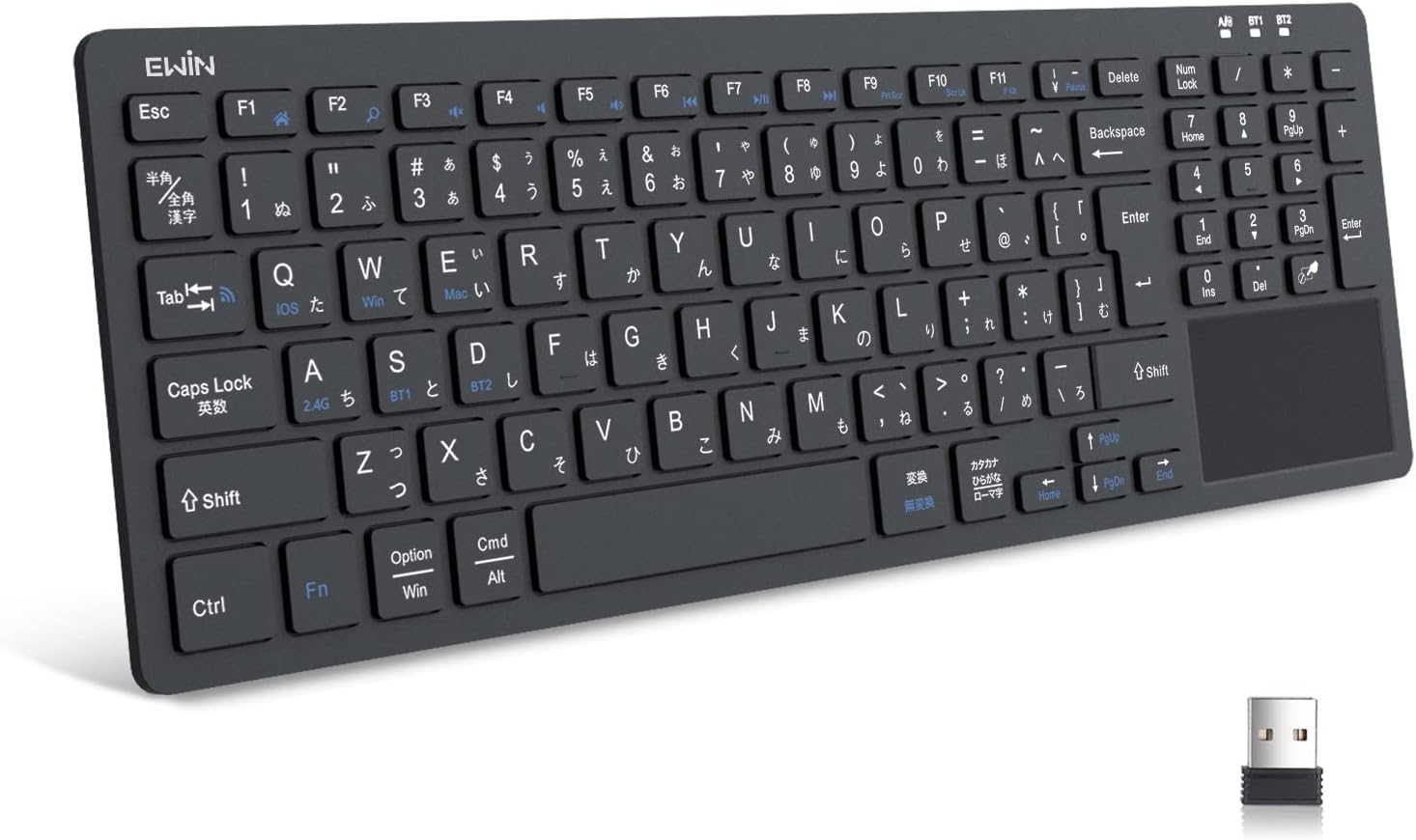 在宅勤務用 Bluetooth/USBワイヤレスキーボード テンキー＆タッチパッド付き JIS日本語配列 2.4G USBレシーバー付 ブラック