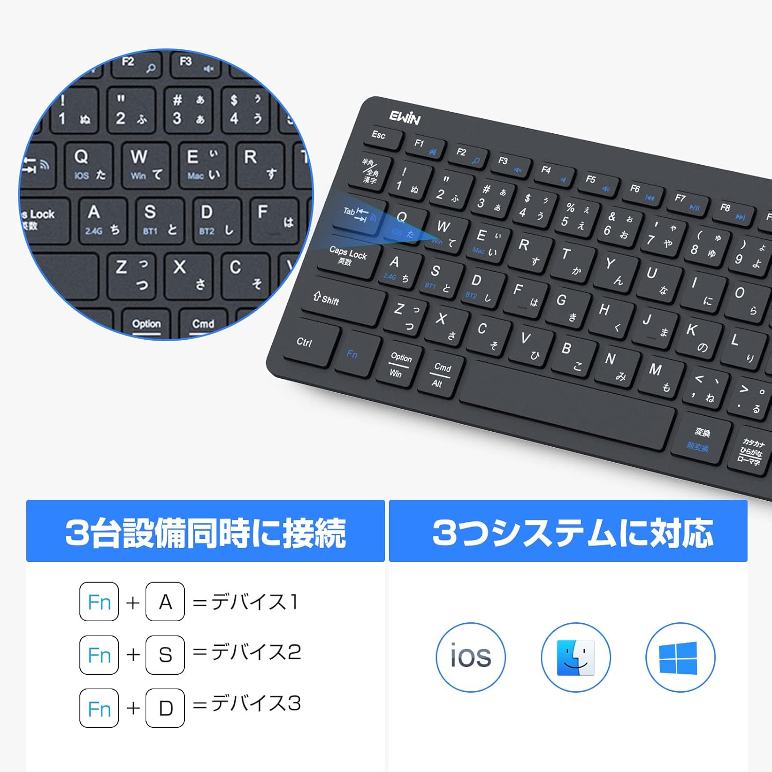 在宅勤務用 Bluetooth/USBワイヤレスキーボード テンキー＆タッチパッド付き JIS日本語配列 2.4G USBレシーバー付 ブラック