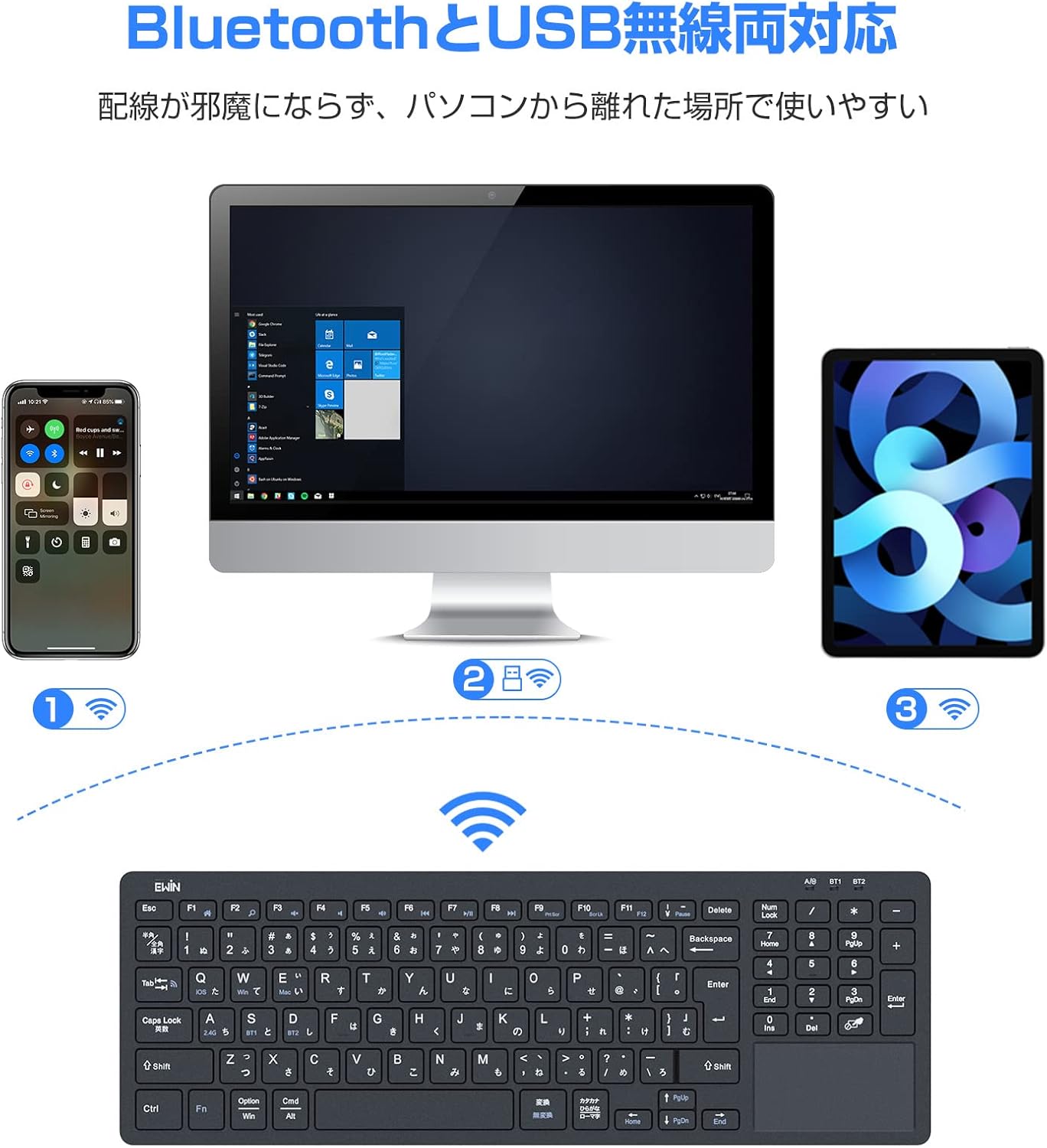 在宅勤務用 Bluetooth/USBワイヤレスキーボード テンキー＆タッチパッド付き JIS日本語配列 2.4G USBレシーバー付 ブラック