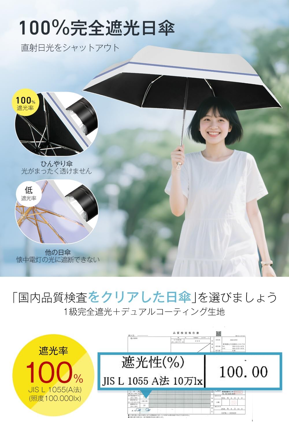 UVカット率100% 完全遮光 超軽量 折り畳み日傘 UPF50+ 男女兼用 収納ポーチ付き