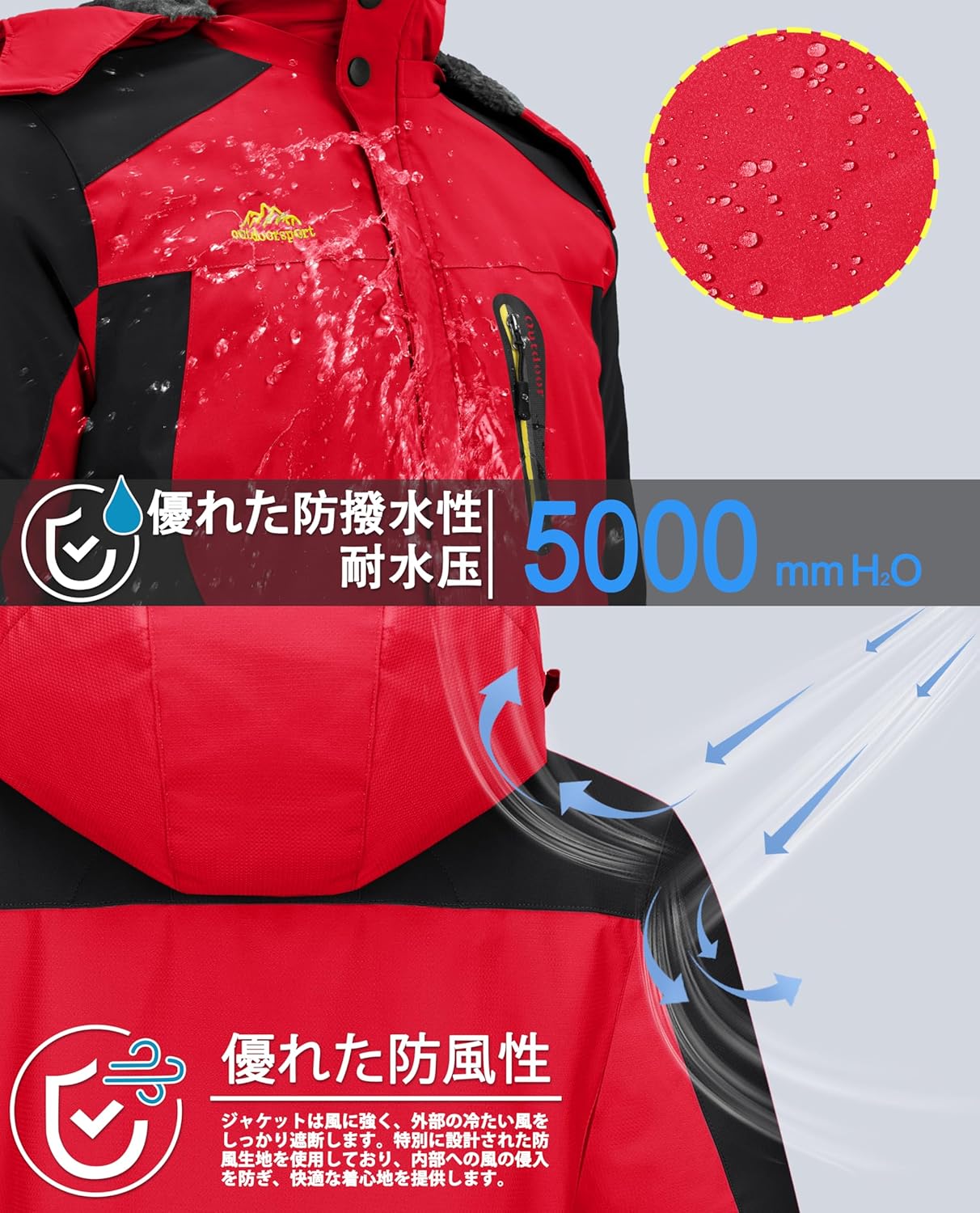 メンズ多機能アウトドアパーカー フリース裏ボア付き 取り外しフード
