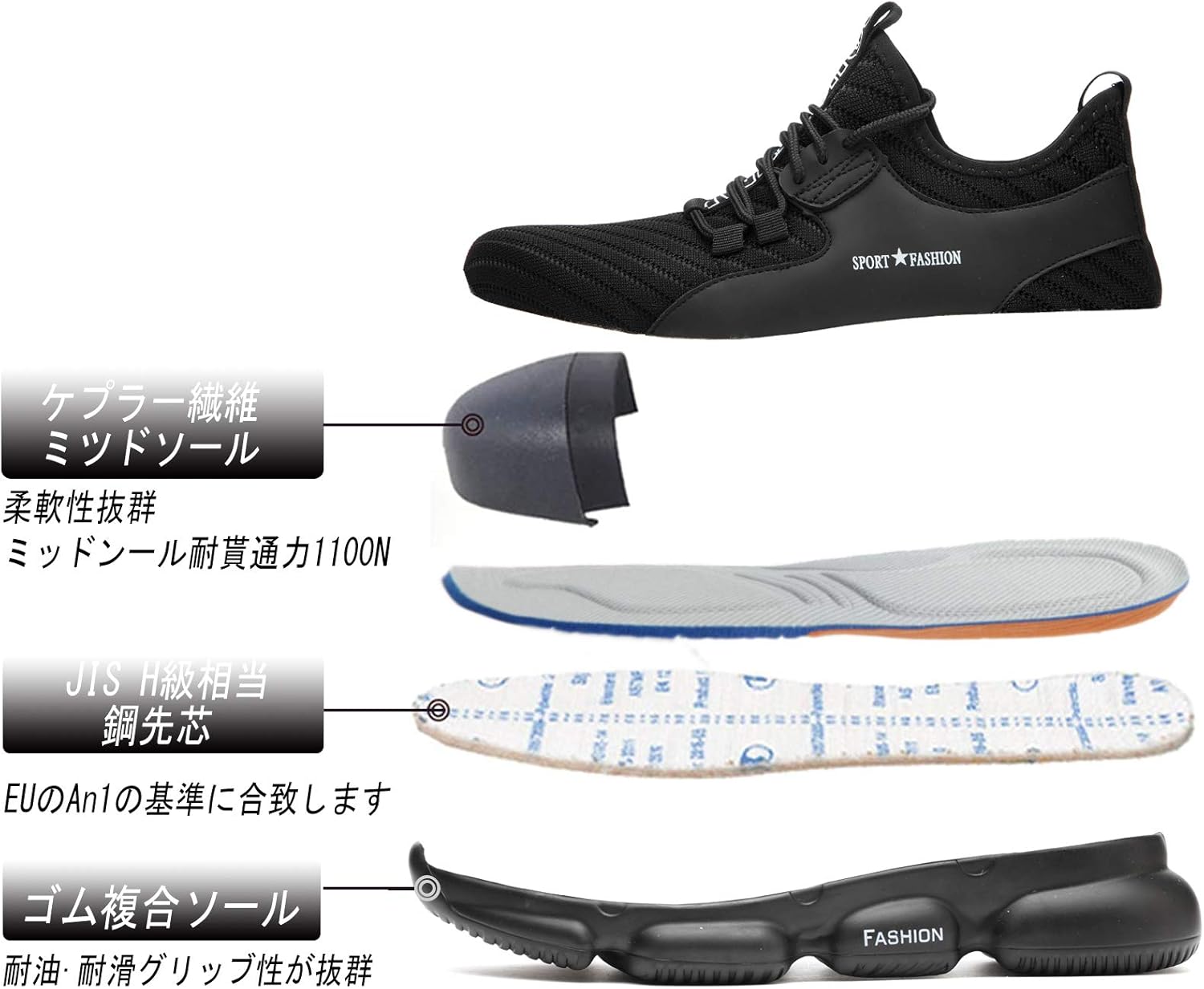 軽量通気性安全靴 スニーカー 鋼先芯 耐摩耗 防刺 黒 アウトドア用