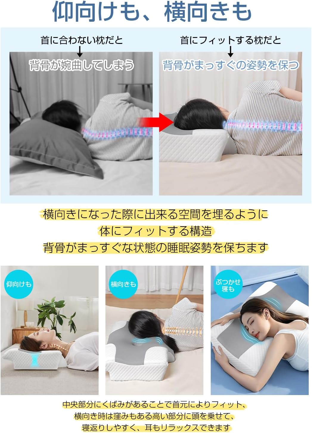敬老の日プレゼント 低反発ストレートネックまくら 耳後頭部凹型設計 通気性 カバー洗濯可 (グレー)