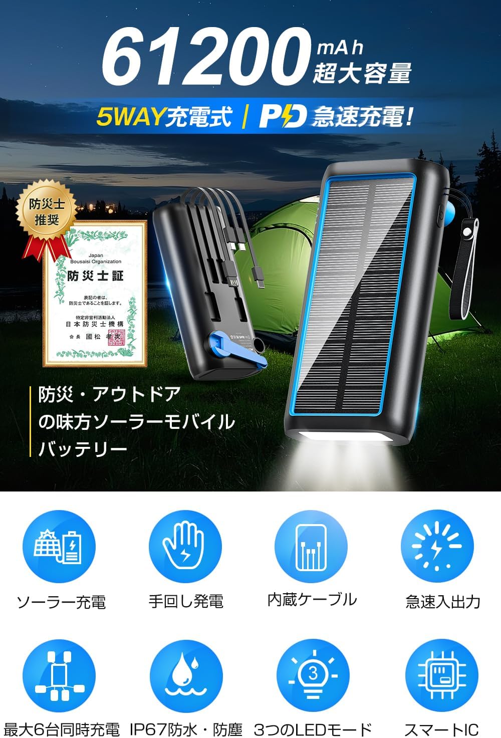 防災用ソーラーモバイルバッテリー 61200mAh 急速充電対応 IPX7防水 携帯型 LEDライト付き (ブルー)