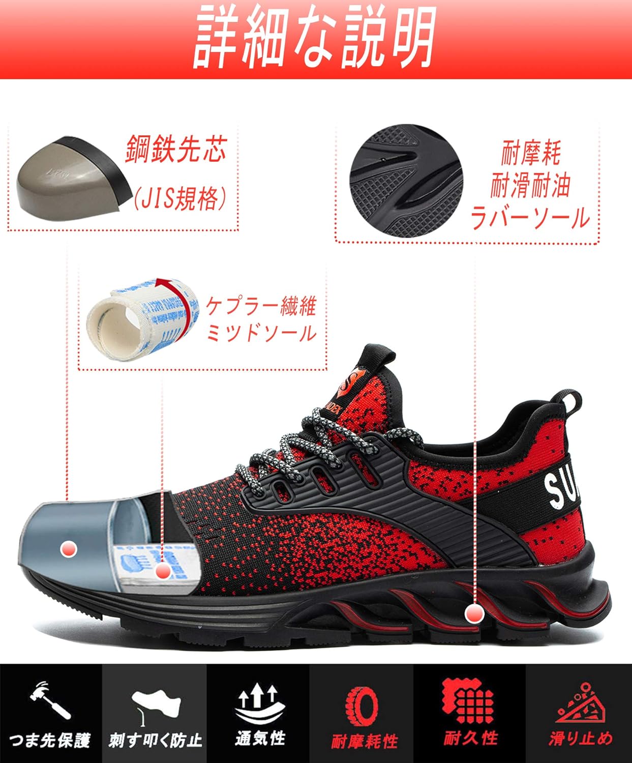 メンズ・レディース兼用 耐滑・通気性セーフティーシューズ 鋼先芯・釘踏み抜き防止