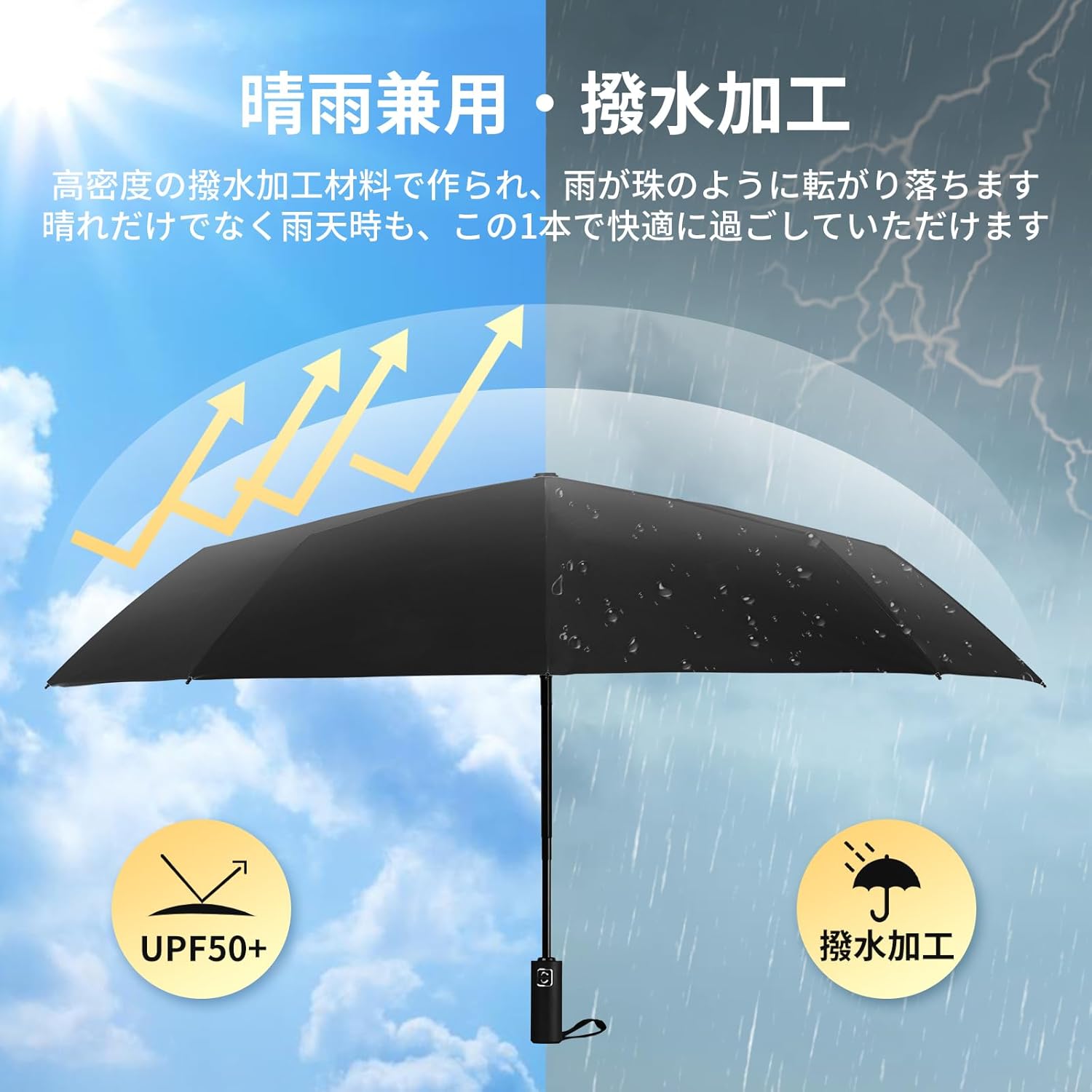 【UVカット日傘 折りたたみ式 JIS認証済 100%完全遮光】晴雨兼用 ワンタッチ自動開閉 メンズ・レディース用 コンパクト収納ポーチ付き