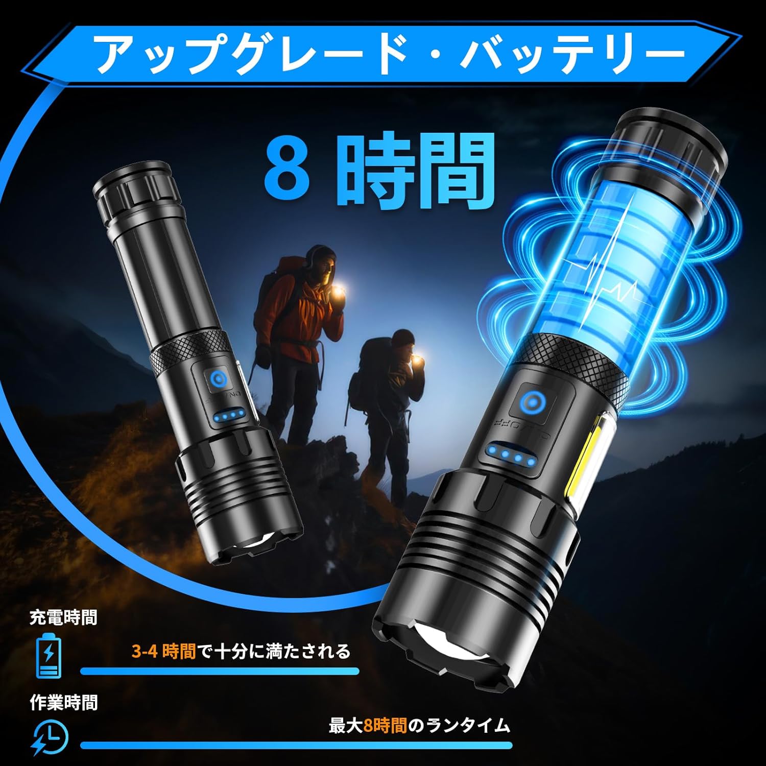 強力30000ルーメン LED懐中電灯 充電式 ハンディライト IP67防水 7モード調光 ズーム調整可 2個パック