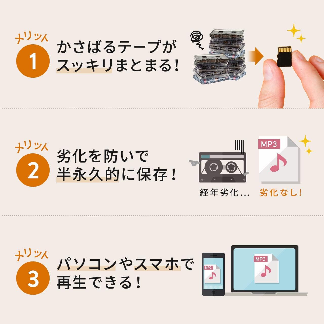 カセットテープMP3変換プレーヤー（ラジオ付き）・microSD保存・AC電源・乾電池対応