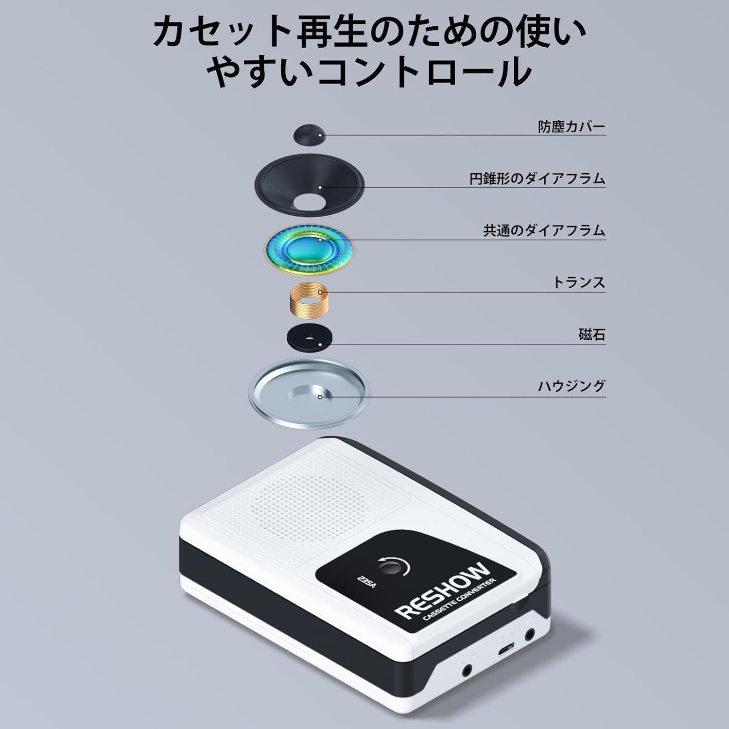 ポータブルカセットテープデジタル化プレーヤー 小型ホワイト 逆録音 フルステレオサウンド