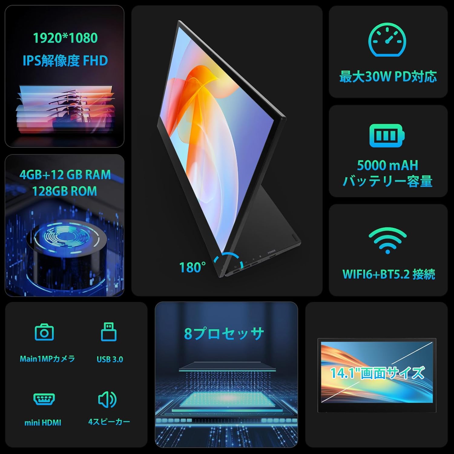 HiGrace 14インチ タブレット - 16GB+128GB+1TB SD拡張、Android 14、Wi-Fi 6、5000mAhバッテリー、8コアCPU、FHD 1920x1080、GMS認証