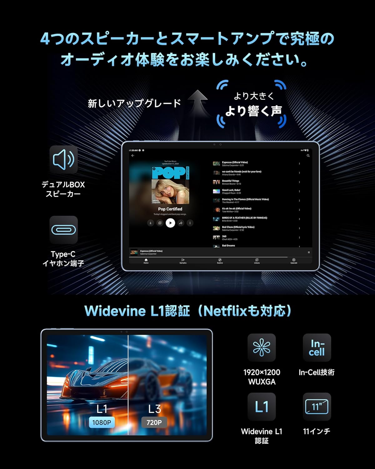 ALLDOCUBE iPlay60 Pro 11インチタブレット Android 15 16GB+128GB 7000mAh GPS対応