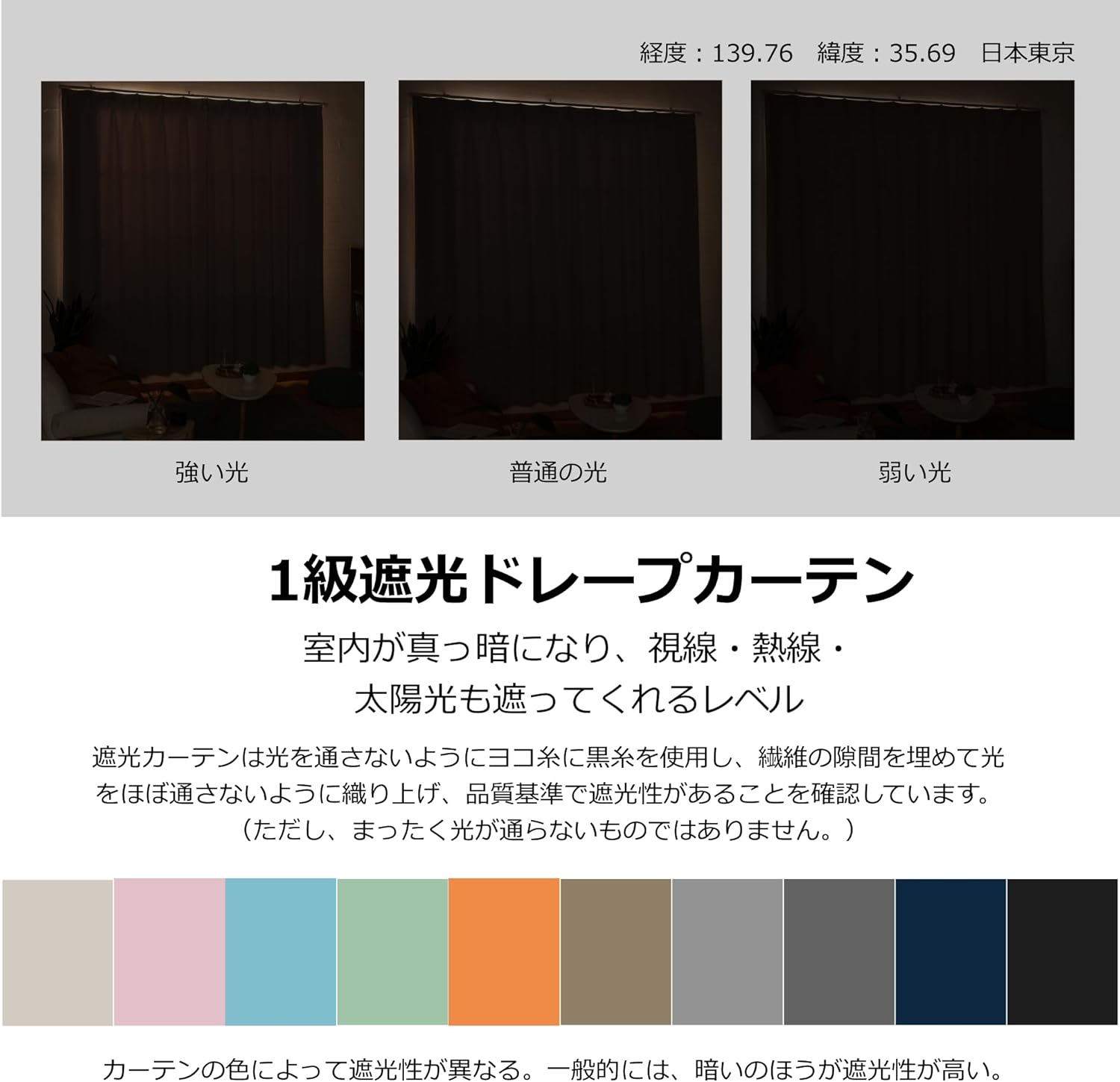 遮光1級ドレープカーテン 2枚組 グレー 幅100cm×丈135cm UVカット 防寒防音