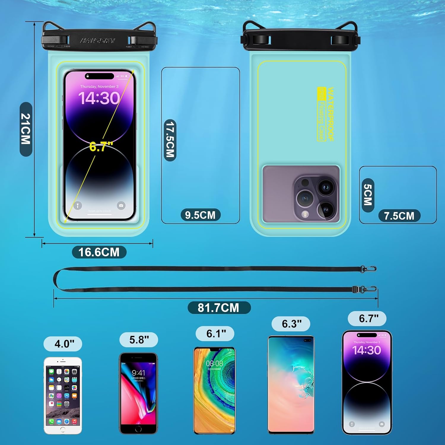 水に浮くスマホ防水ケース LILIYYA IPX8認証 海・プール用 ストラップ付き 緑