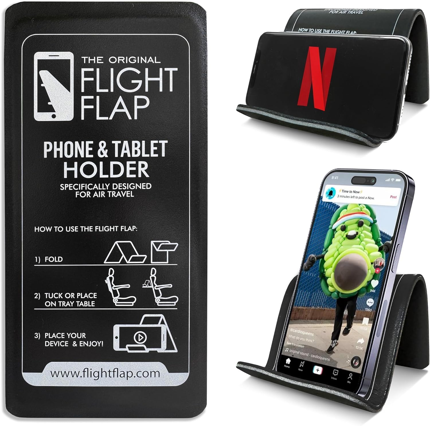 フライトフラップ 折りたたみ式携帯電話スタンド ブラック - 飛行機・デスク・ベッド用の多機能ホルダー