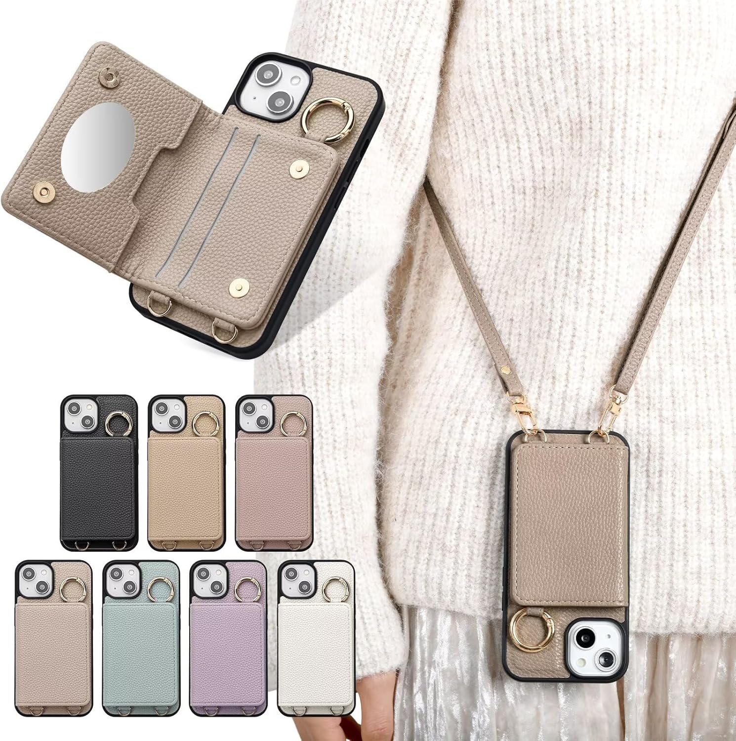 iPhone 15 手帳型ショルダーケース 女性用 ミラー付き グレーベージュ